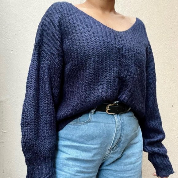 Blue Knit Cropped Drop Shoulder Sweater - Picture 3 of 3